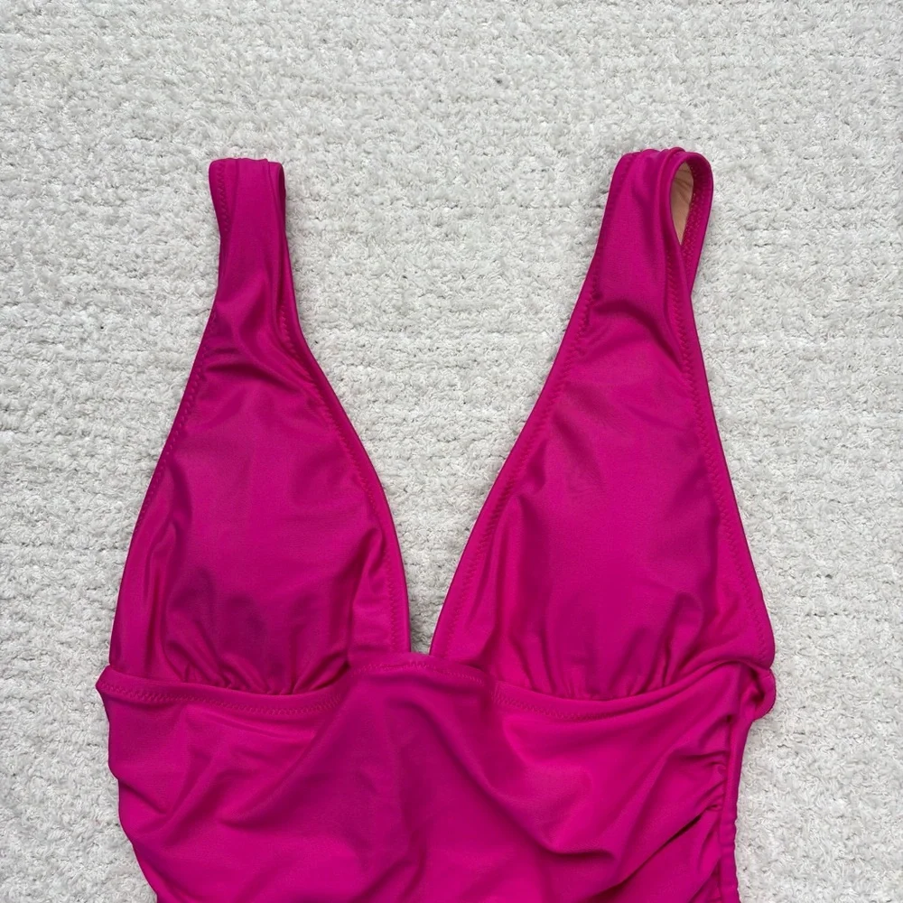 J. Crew Swimsuit Womens 2 Fuchsia Pink Ruched V-Neck One Piece‎ Swim Beach Vacay